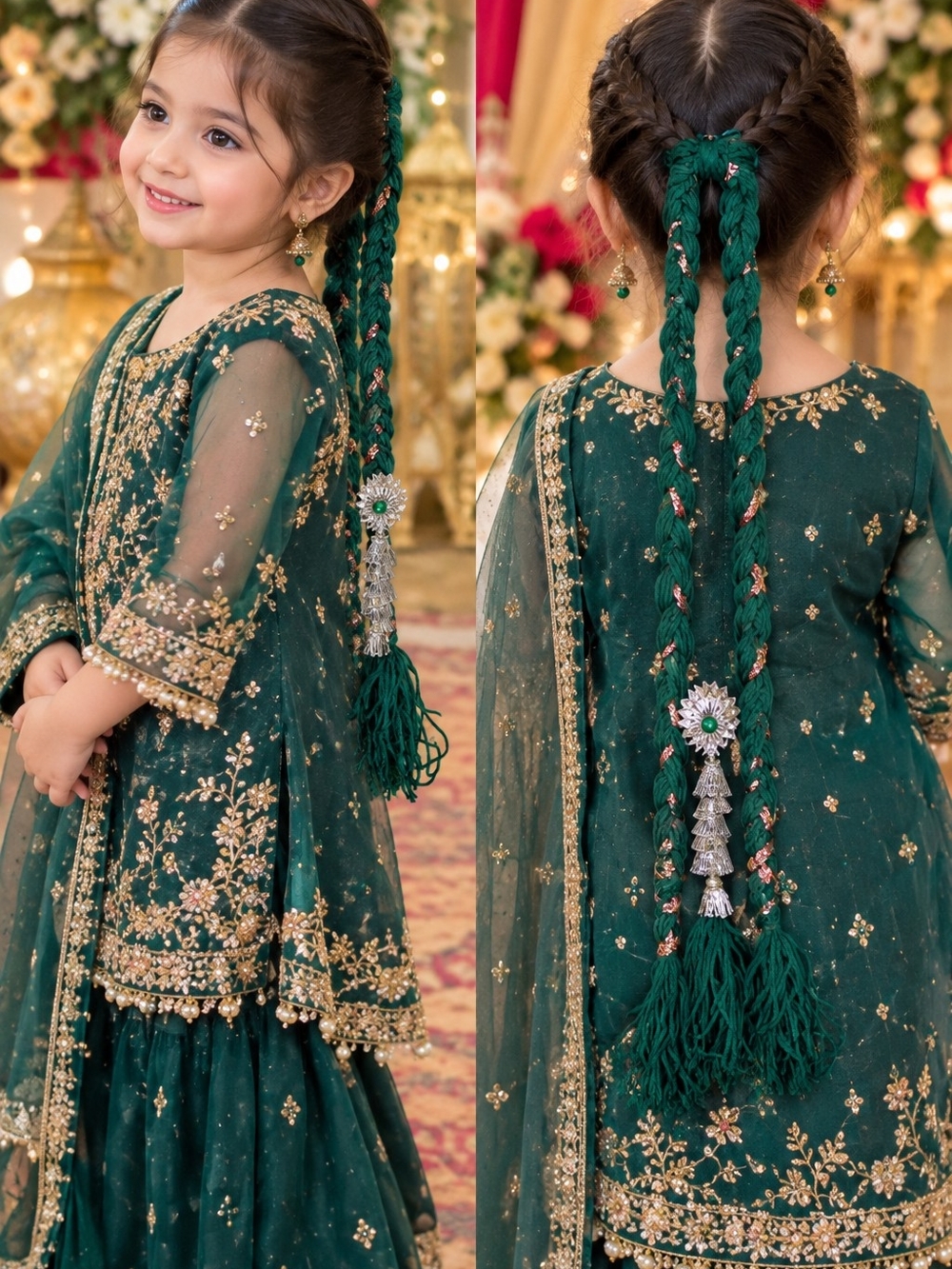 18" Green Handmade Paranda Parandi Indian Hair Accessory Girls Women Navratri - Picture 4 of 8